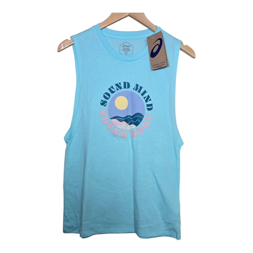 NWT ASICS Sun In The Sky Slogan Muscle Tee Womens Small Light Blue Graphic Tank